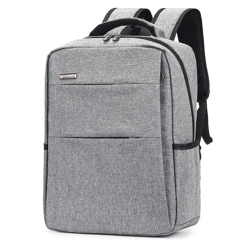 Black waterproof Oxford cloth laptop backpack with shoulder straps and built-in rechargeable power bank.