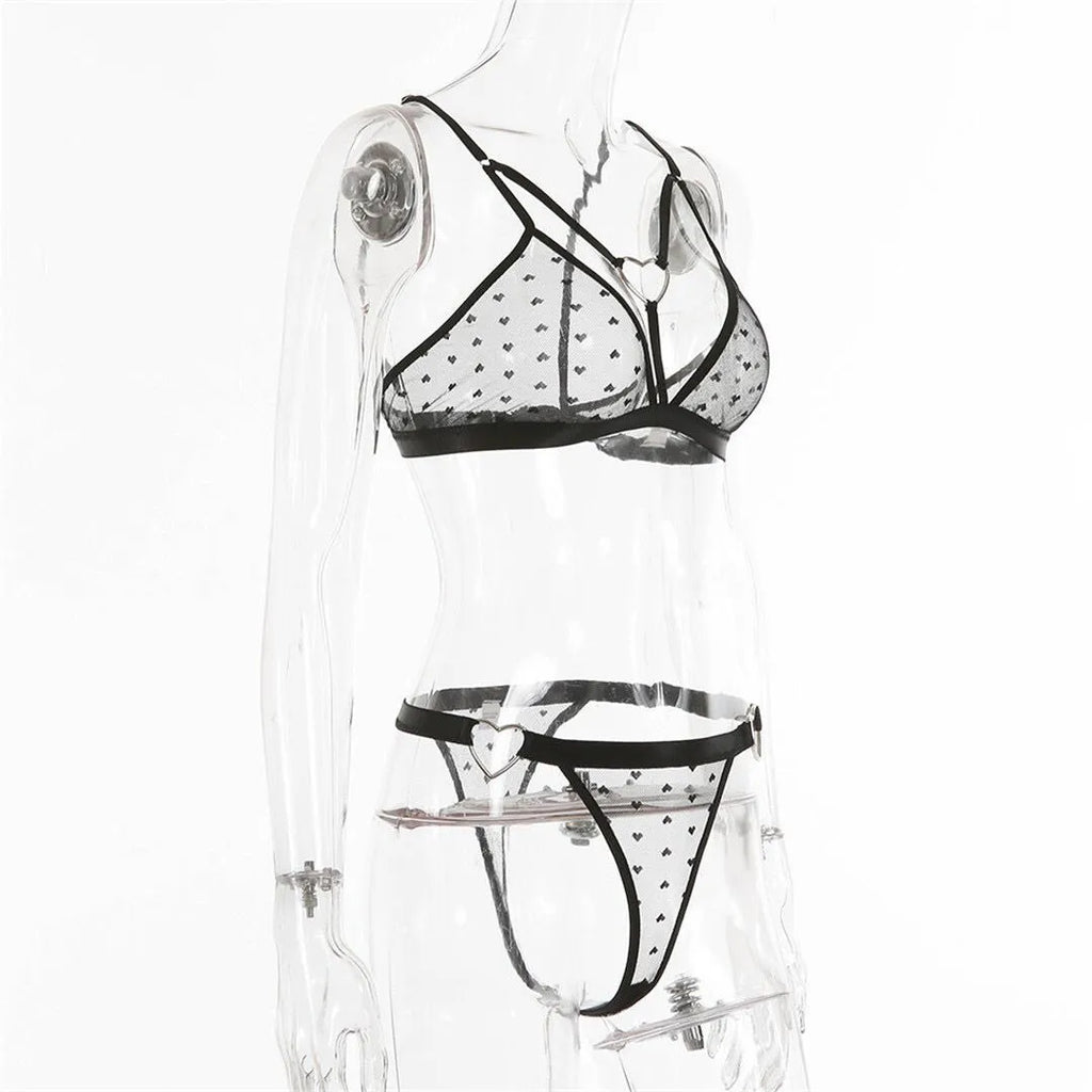 Ladies' black mesh three-point design two-piece spandex set showing top and pants