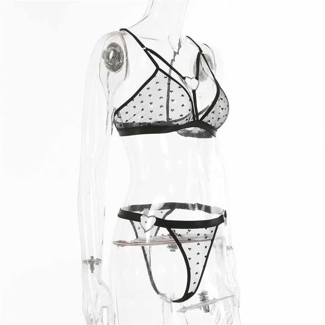 Ladies' black mesh three-point design two-piece spandex set showing top and pants