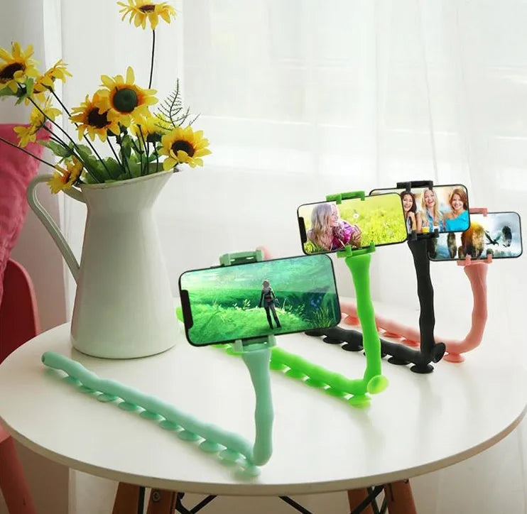Flexible rubber phone bracket with suction cup base showing 62cm length and 360° rotation capability