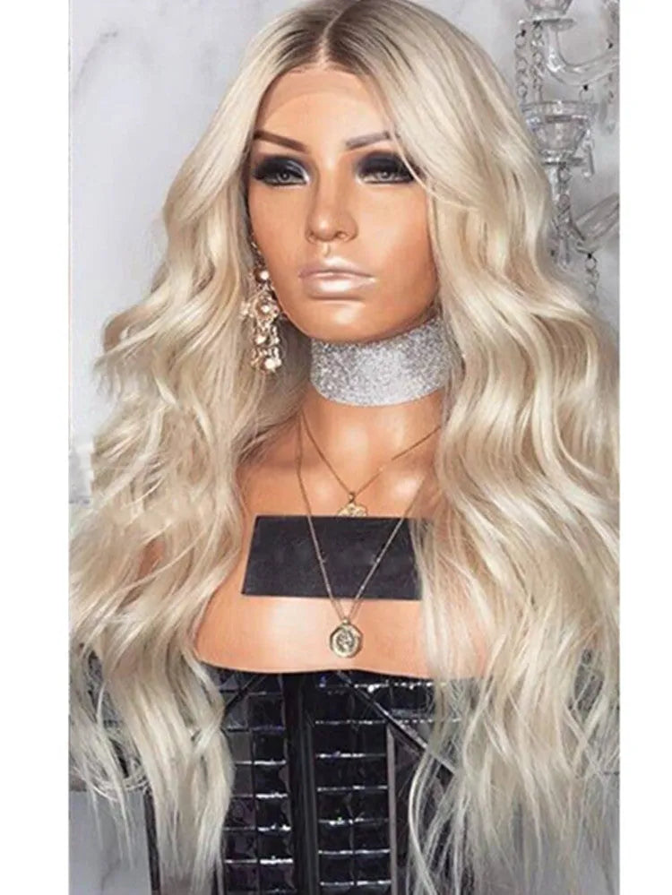 European blonde long curly wig 72cm length on display showing curls and simulation scalp base