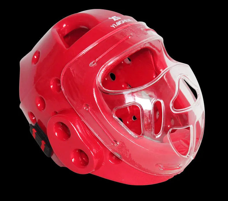 White, blue, and red karate boxing helmets for head protection in four sizes