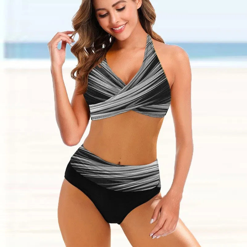 Women's striped tie-dye bikini set with hollow back design in multiple colours