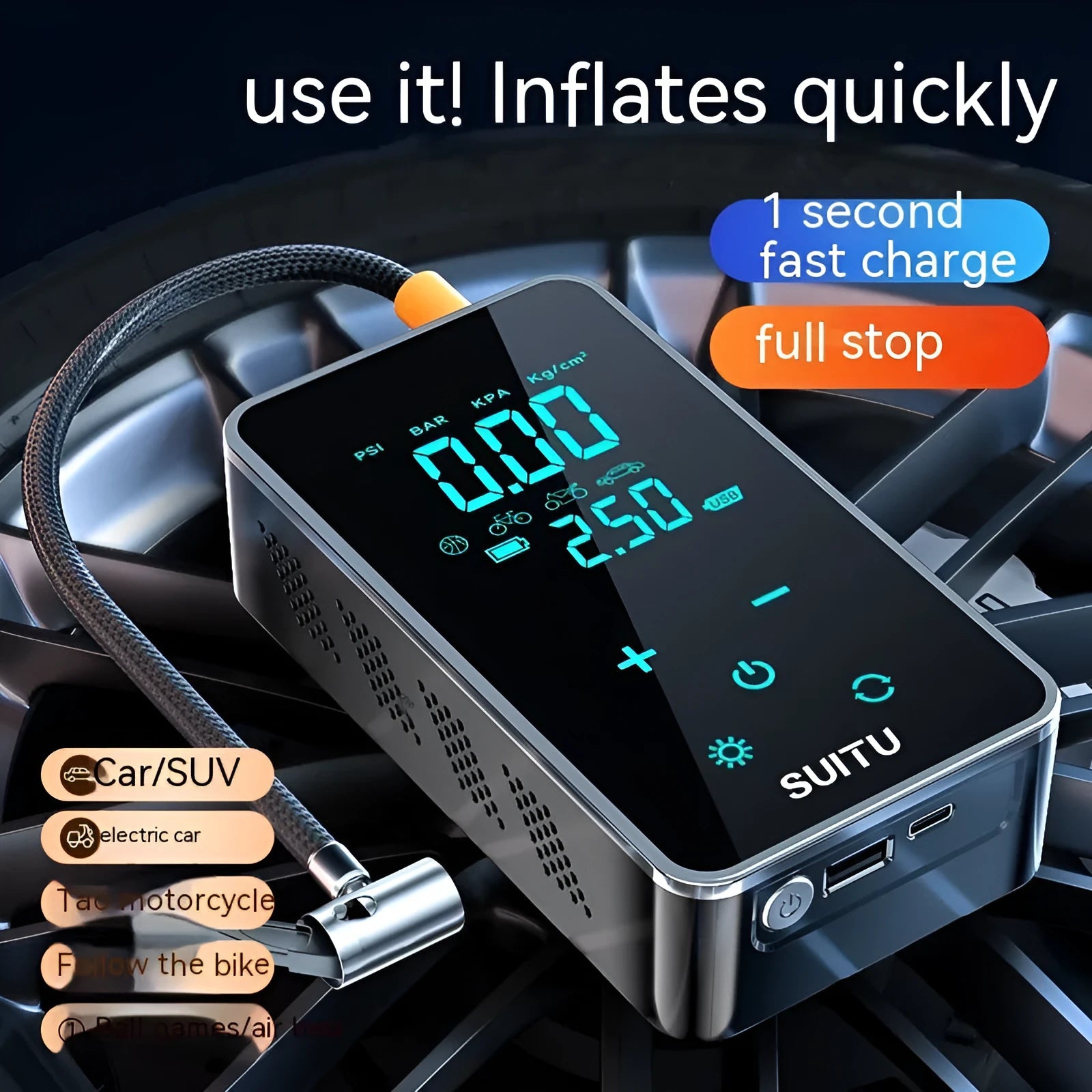 ST-9616C wireless portable car tyre inflator with LCD screen and Type-C cable