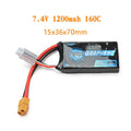 7.4V 1200mAh RC lithium battery showing 15x36x70mm dimensions for model vehicles