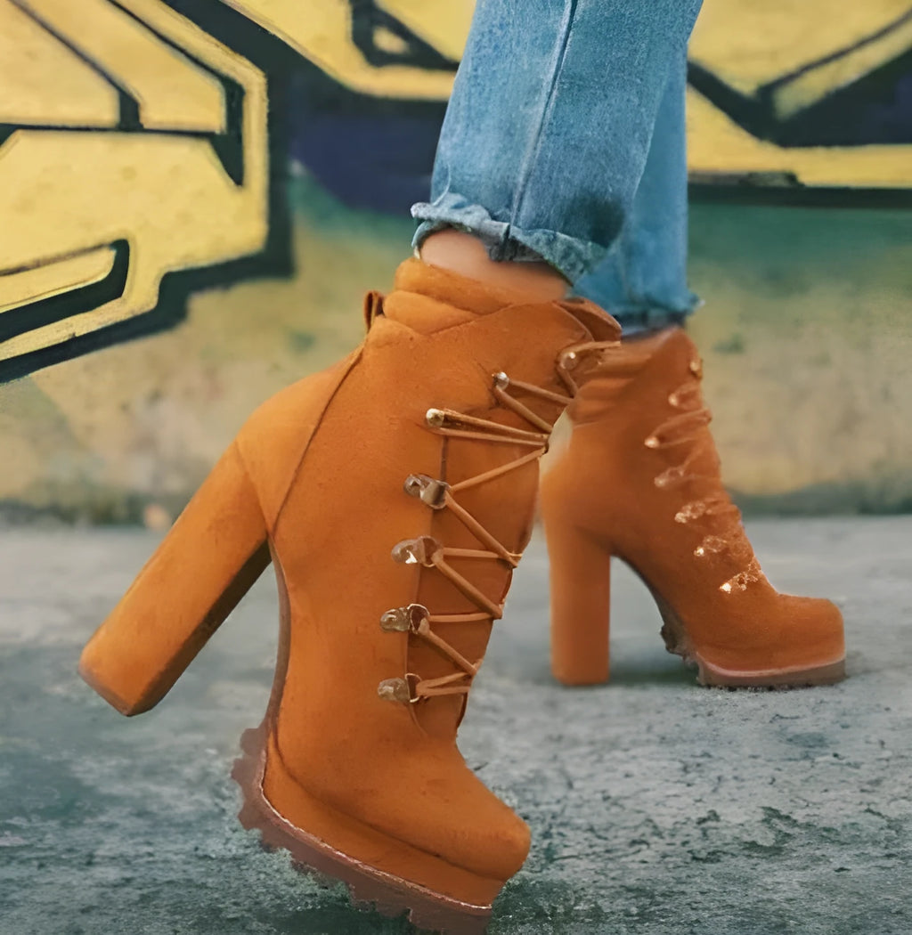 Women's suede Roman-style high heel winter boots in army green with belt buckle details and waterproof platform