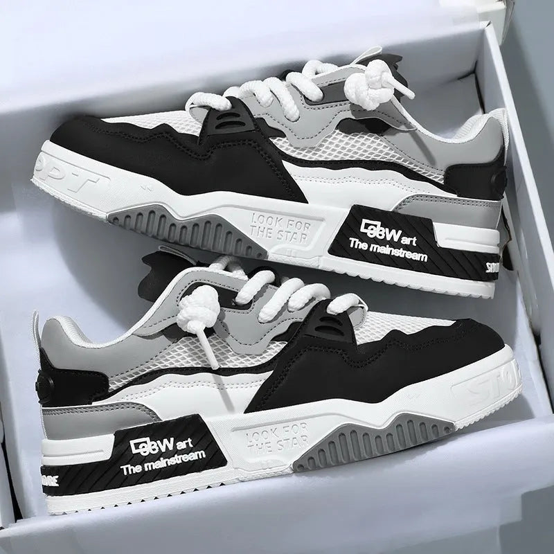 Men's low-top board shoes with soft rubber soles in beige, white and black, and white and yellow colour options