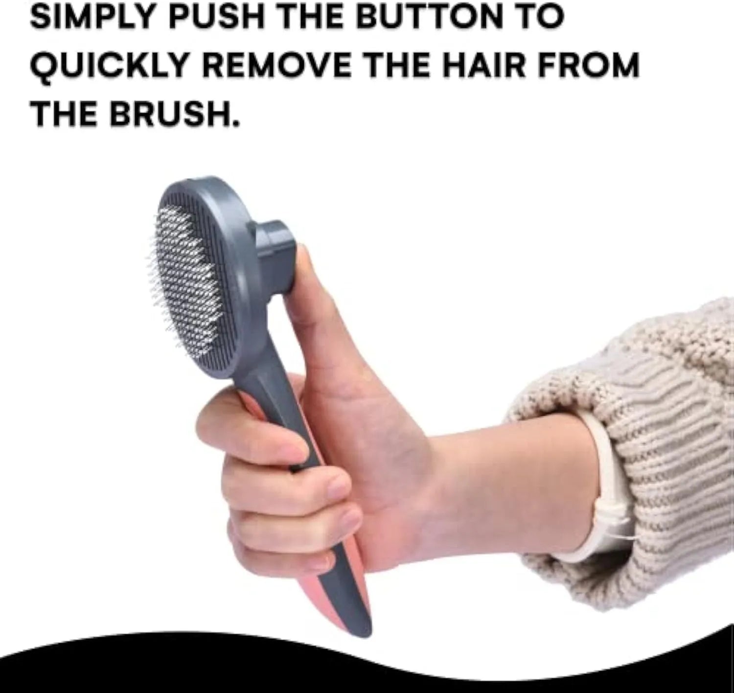 Grey self-cleaning slicker brush for pet grooming with ergonomic handle and one-click button.