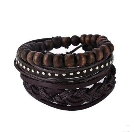 Hand-woven brown leather wrap bracelet with wooden beads on a 6cm adjustable band.