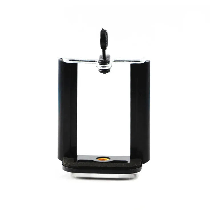 Black plastic U-clip mobile phone holder designed for mounting on cylindrical objects like hoses or poles.