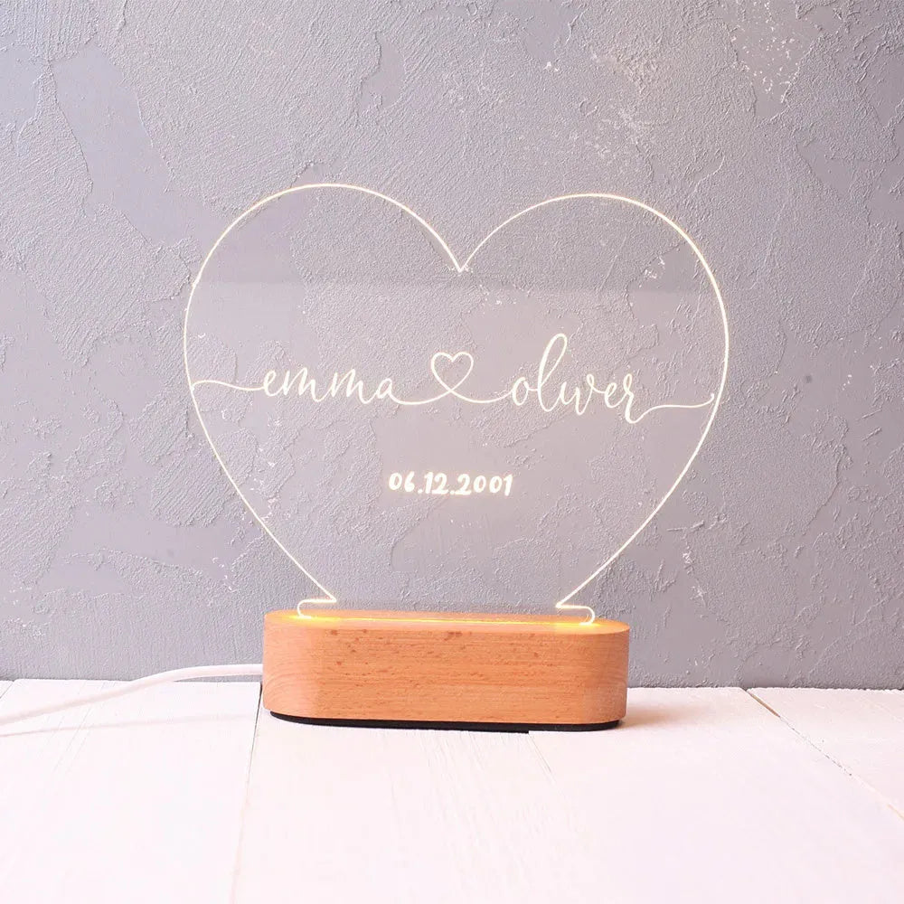 Custom acrylic LED night light with personalised names and dates, 20cm tall modern design