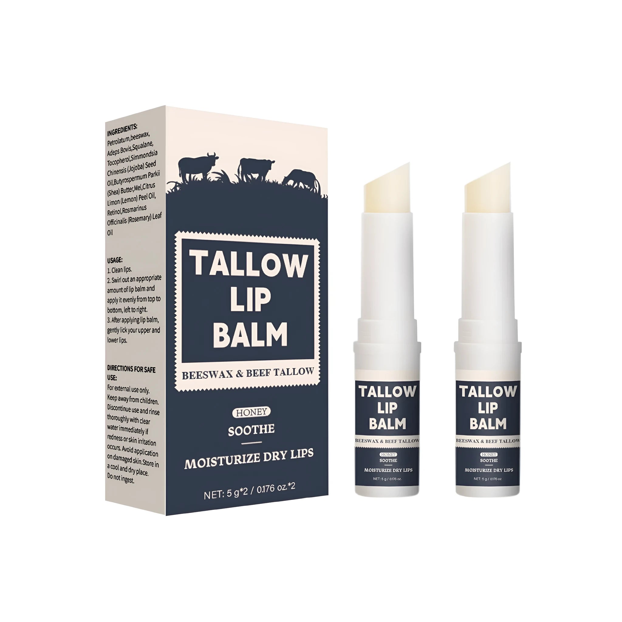 Two-piece beef tallow fat lip balm set with light grain texture for soft lips