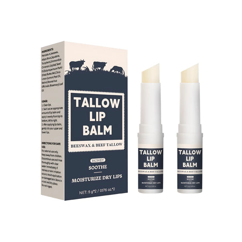 Two-piece beef tallow fat lip balm set with light grain texture for soft lips