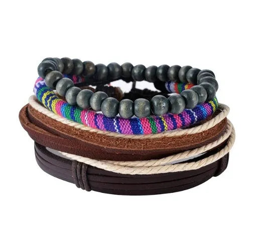Hand-woven brown leather wrap bracelet with wooden beads on a 6cm adjustable band.