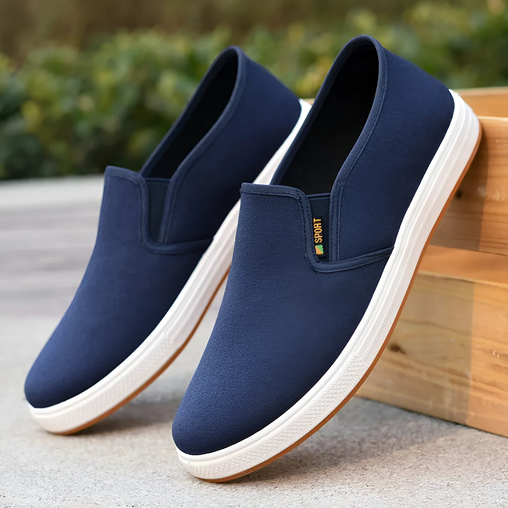 Men's black and blue slip-on canvas cloth shoes with round toe and shallow mouth design