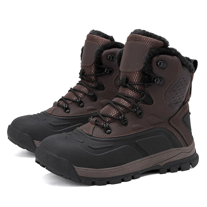 Men's black fleece-lined high-top boots with khaki velvet lining and lace-up front.