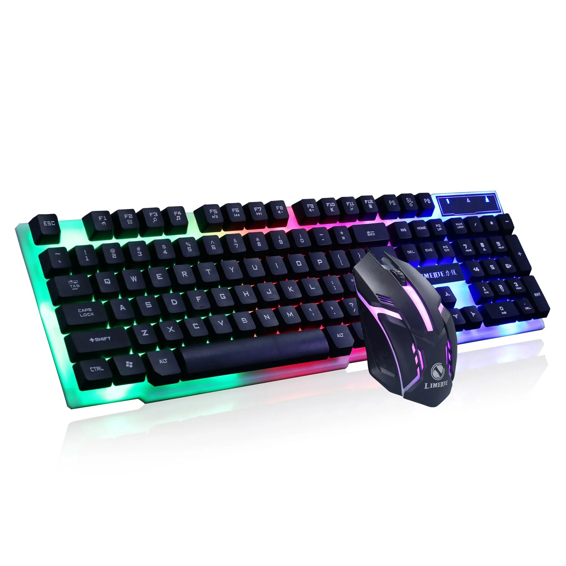 Limei GTX300 mechanical keyboard and mouse set with backlit keys on desktop