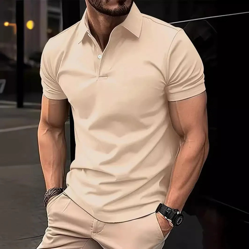Men's slim fit short sleeve button shirt in solid colour on hanger