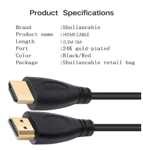 Gold-plated male HDMI cable in various lengths from 0.3m to 5m for HDTV, Xbox, PS3, and computers.