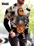 Men's camouflage print long-sleeved T-shirt with round neckline on white background