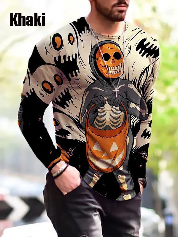 Men's camouflage print long-sleeved T-shirt with round neckline on white background