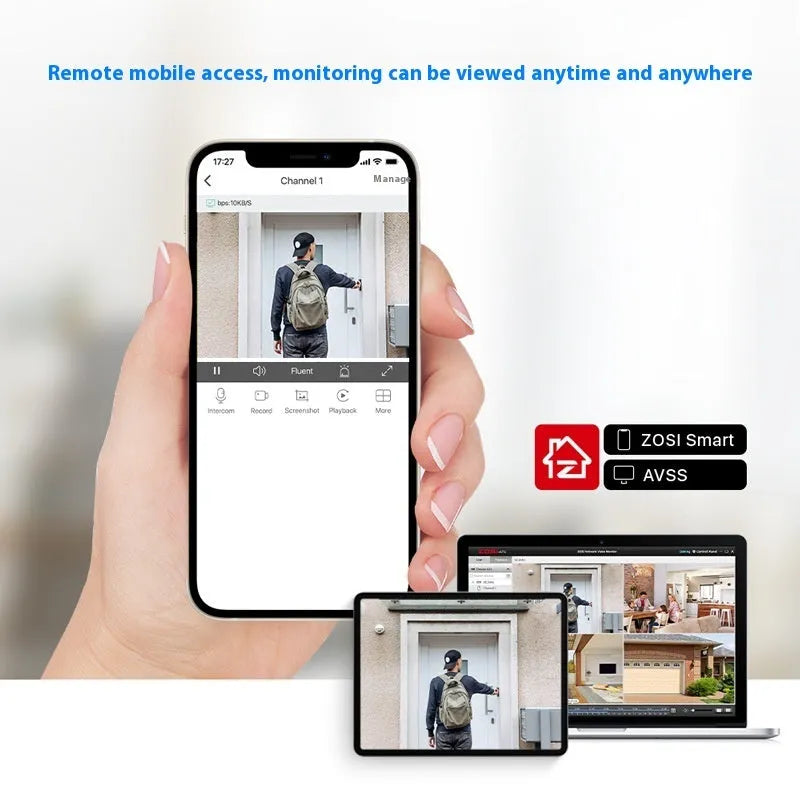ZOSI 5MP POE security camera system with NVR, four outdoor cameras, and network components