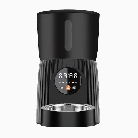 Black automatic pet feeder with food container and digital display