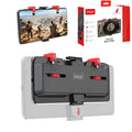 Black gaming phone mount with metal trigger controller and adjustable telescopic clip for 67-87mm wide mobile phones