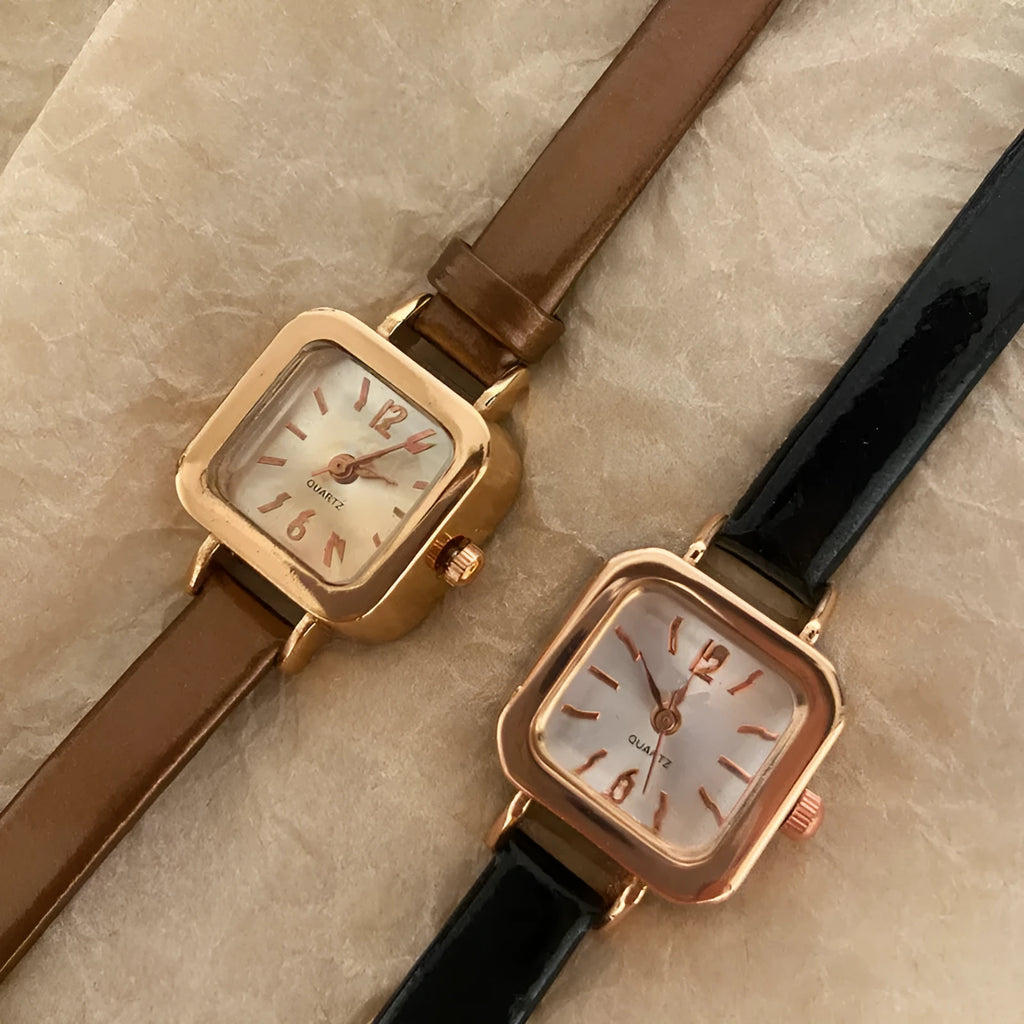 Art retro fashion watch for women with 10mm thick alloy case in black, white, pink, and brown colour options