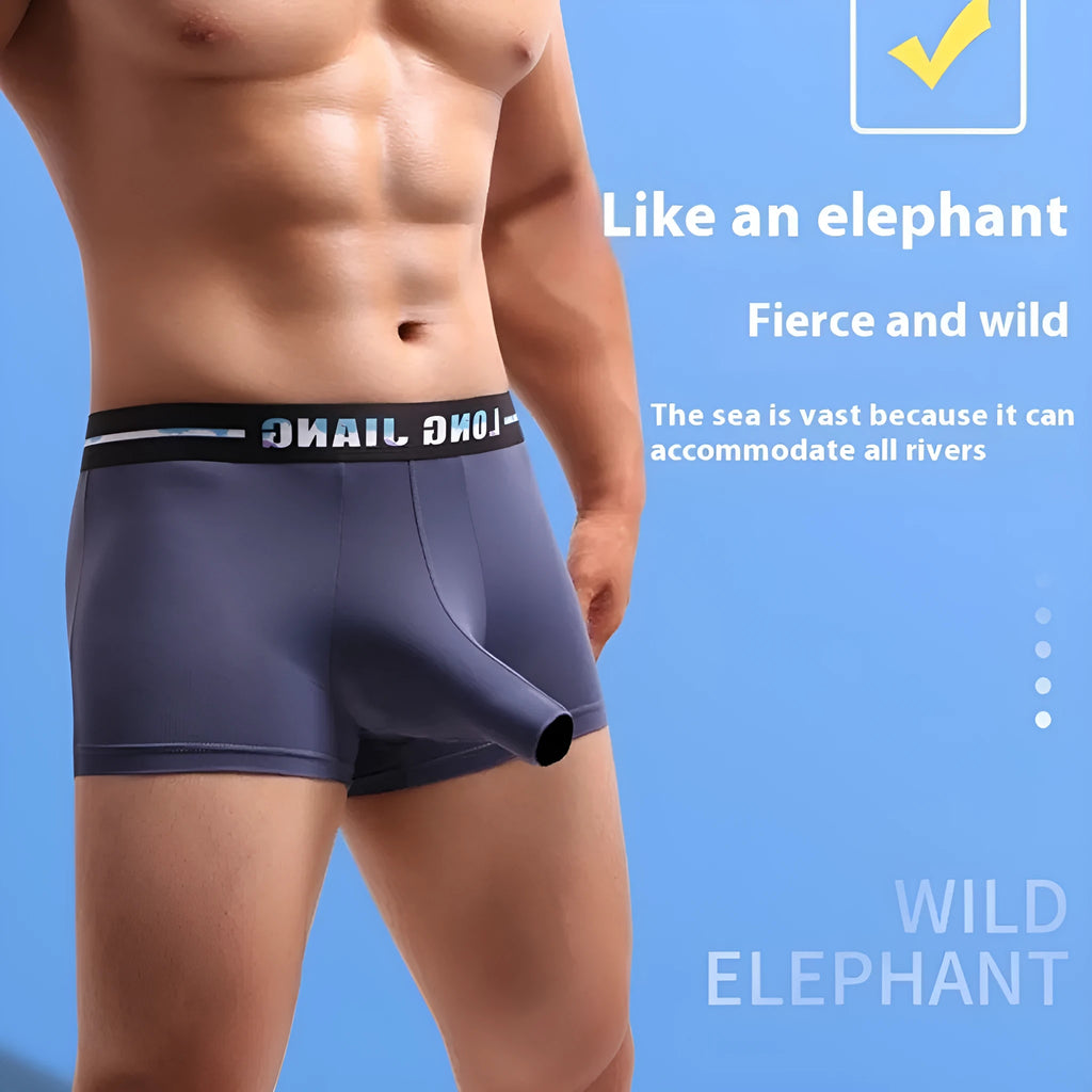 Men's Ice Silk trunk open boxers in grey blue colour, showing thin knitted fabric and mid waist design.