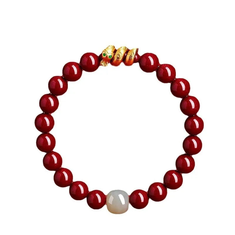 Handmade cinnabar snake zodiac bracelet with Chinese style beads in 6mm or 8mm sizes