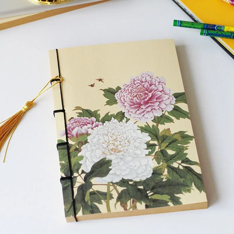 A5 antique wire-bound notebook with retro painting cover, open to show Kraft paper pages