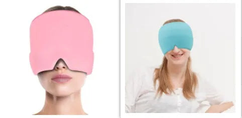 Black reusable gel ice mask for eyes and forehead on a white background