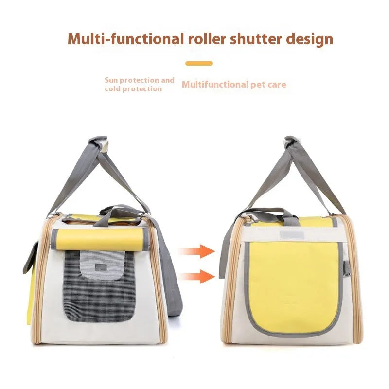 Yellow foldable canvas pet carrier backpack for cats and dogs with a single shoulder strap.