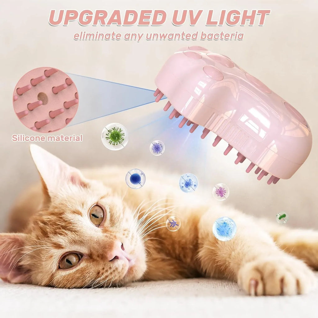 Blue self-cleaning cat steam brush with silicone bristles and a release button for pet grooming.