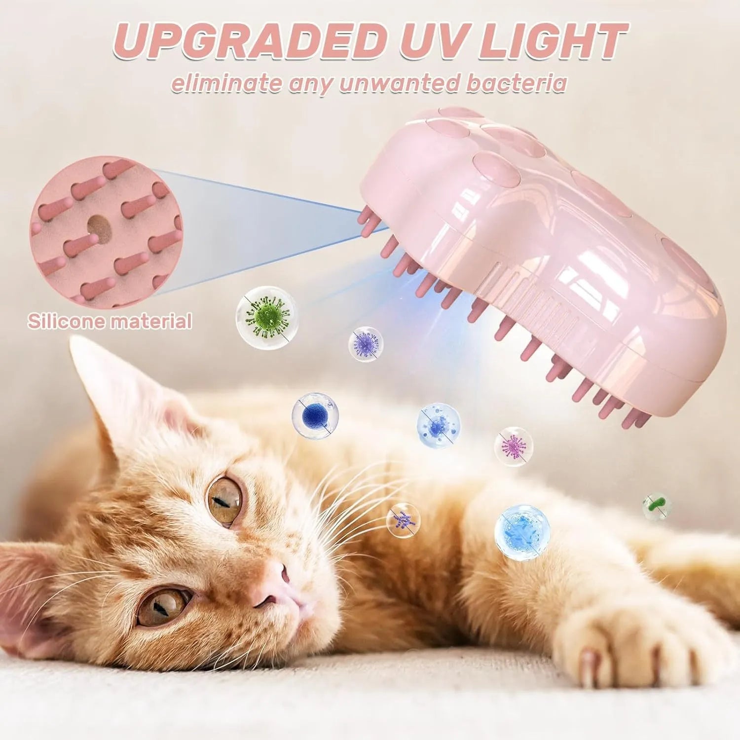 Blue self-cleaning cat steam brush with silicone bristles and a release button for pet grooming.