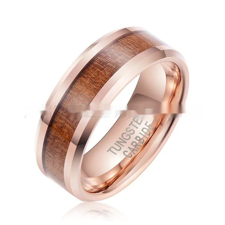 Men's tungsten ring with brown leather inlay and wood detail on an 8mm wide band in rose gold tone.