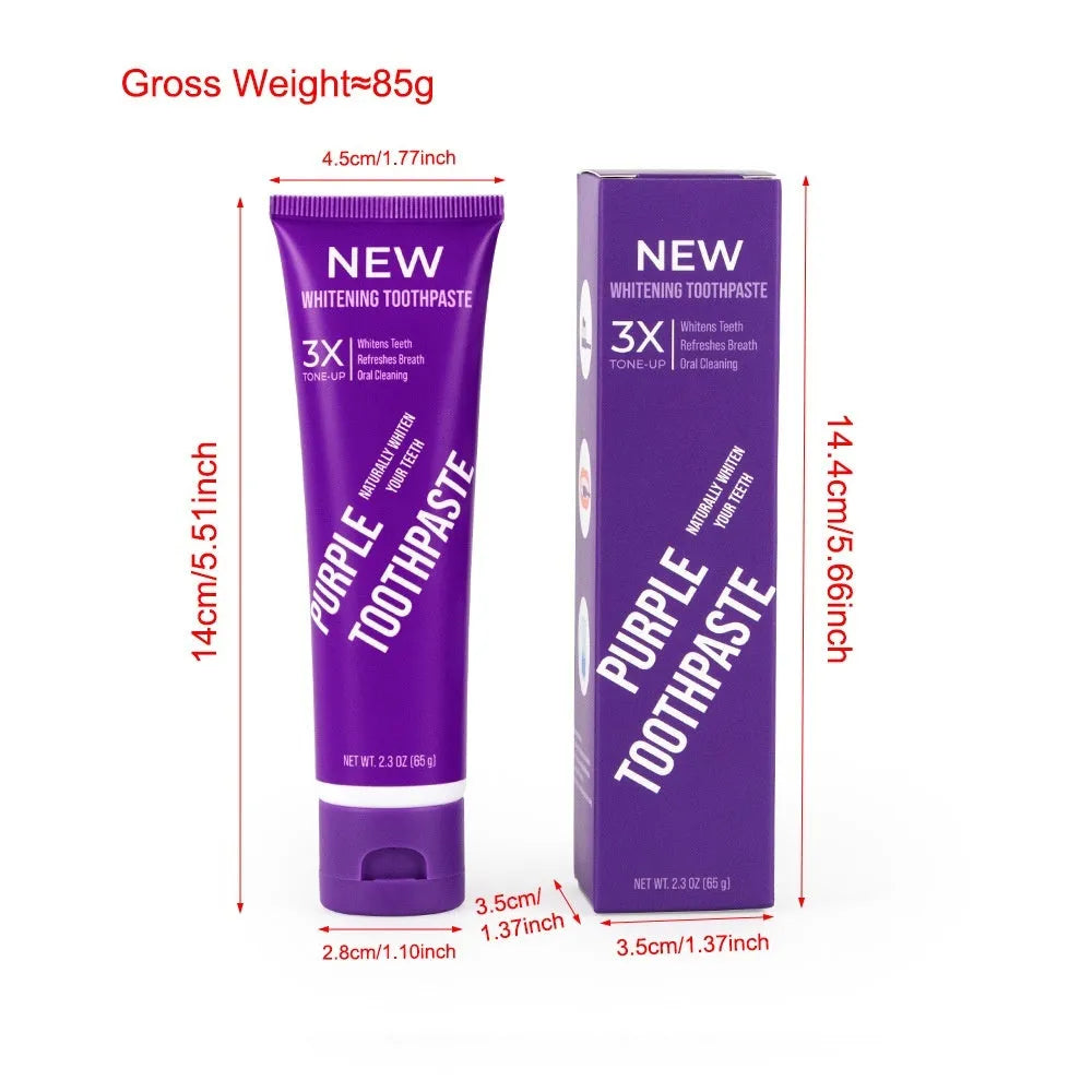 Purple whitening toothpaste tube for adults in 120g and 65g sizes.