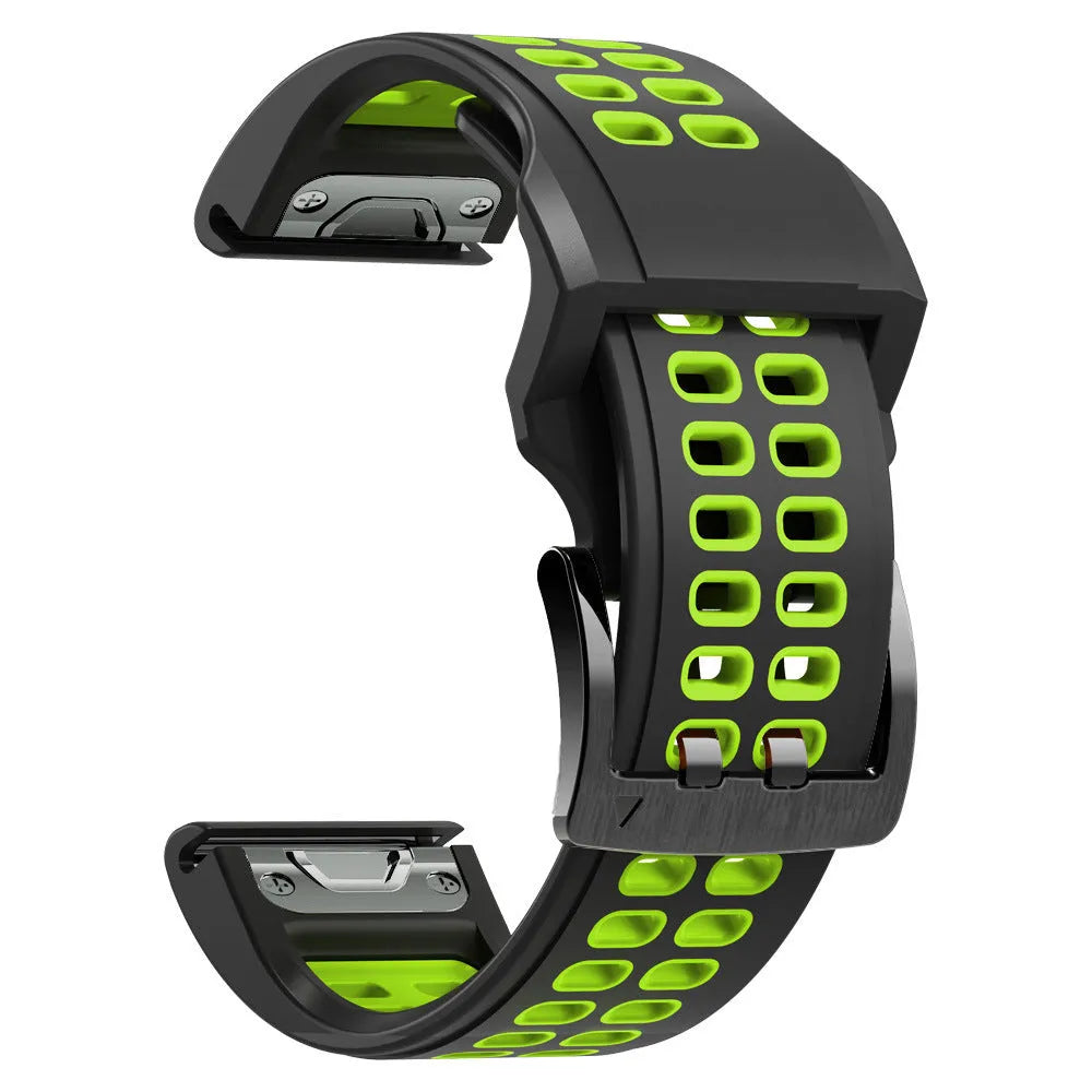 Two-colour silicone quick release watch strap with pin buckle in black and orange combination