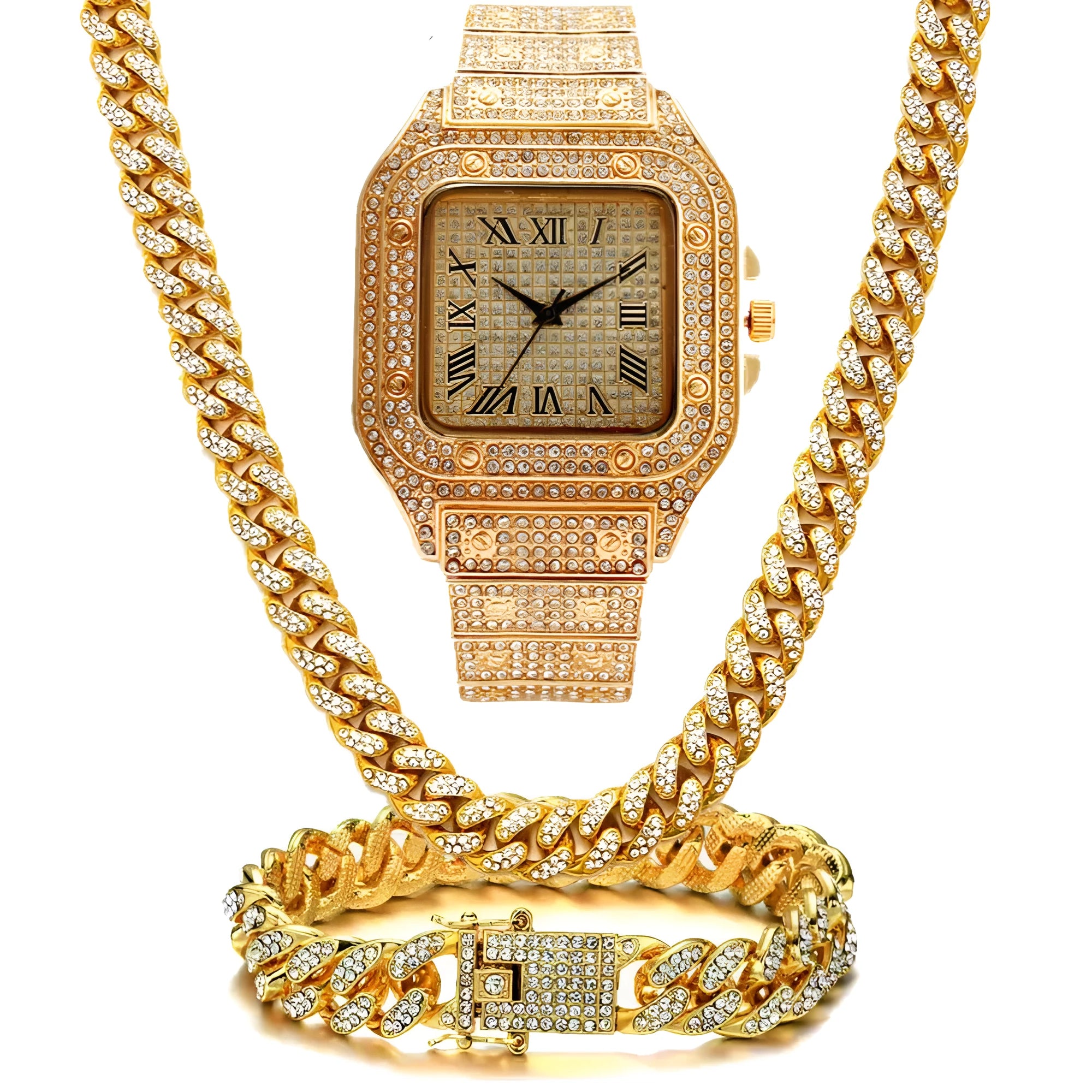 Gold Roman numeral square watch with diamond studs on a mesh band, plus bracelet and necklace.