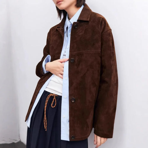Yellow brown retro-style women's cashmere coat with Peter Pan collar and leather stitch detailing