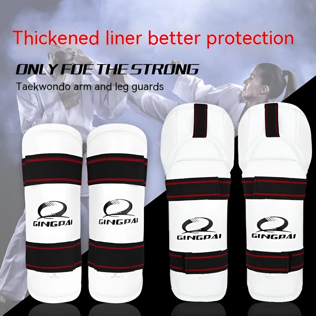 Taekwondo protective gear set showing leg guards, arm guards and elbow protection in PU EVA construction