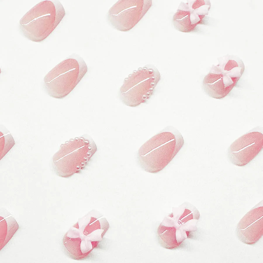 Short French manicure nail art set with bow, tulip, starry sky, and leopard print designs