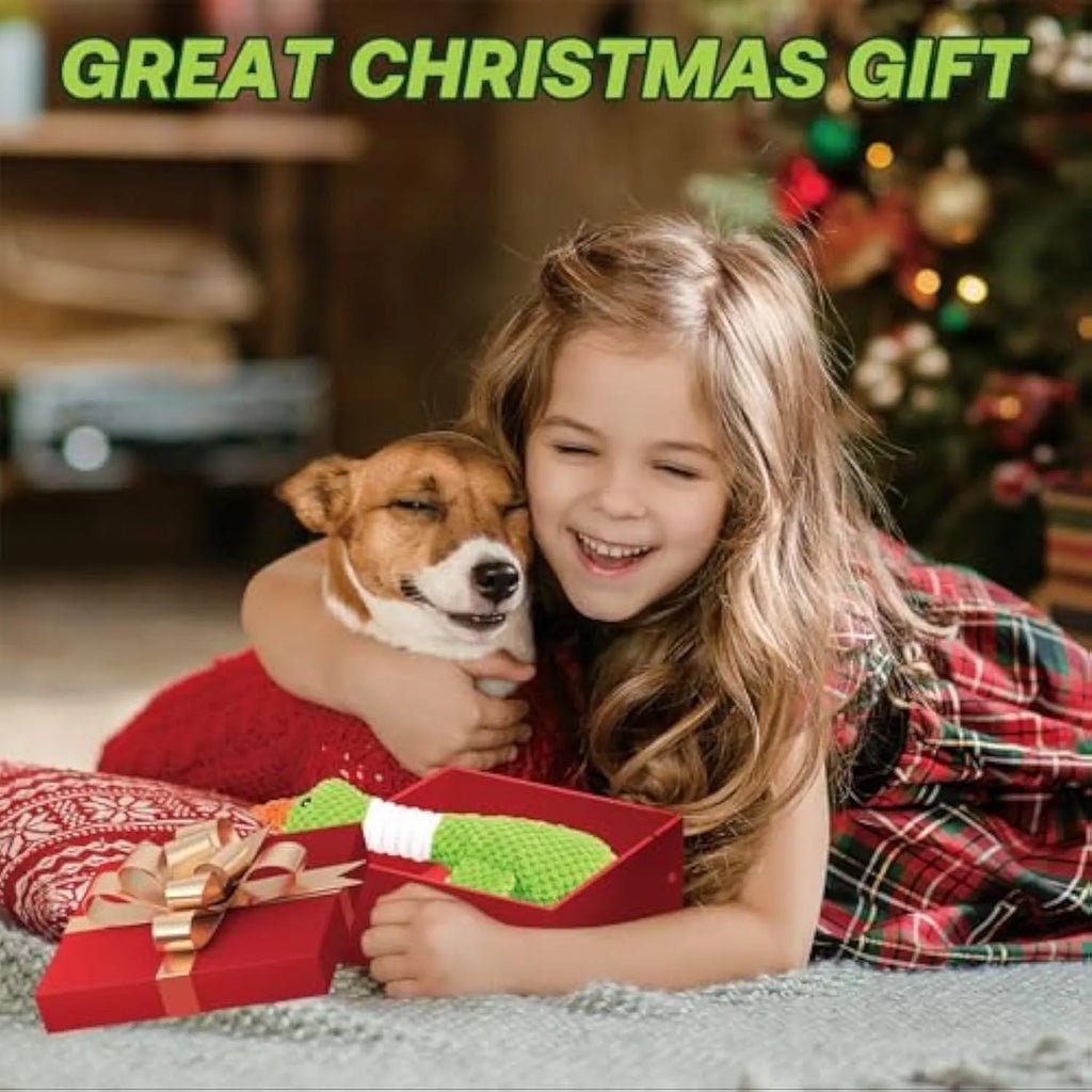 Green blue or grey durable plush duck dog chew toy with squeaker, 33 cm long.