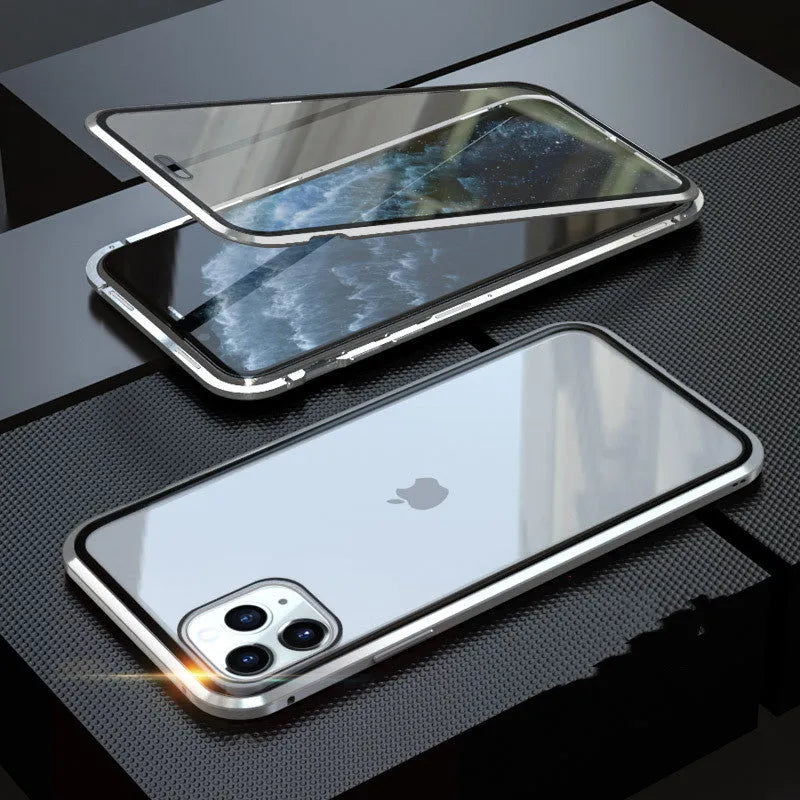 Glass clamshell anti-spy phone case for iPhone in multiple solid colours including black, blue, gold, green, red, and silver