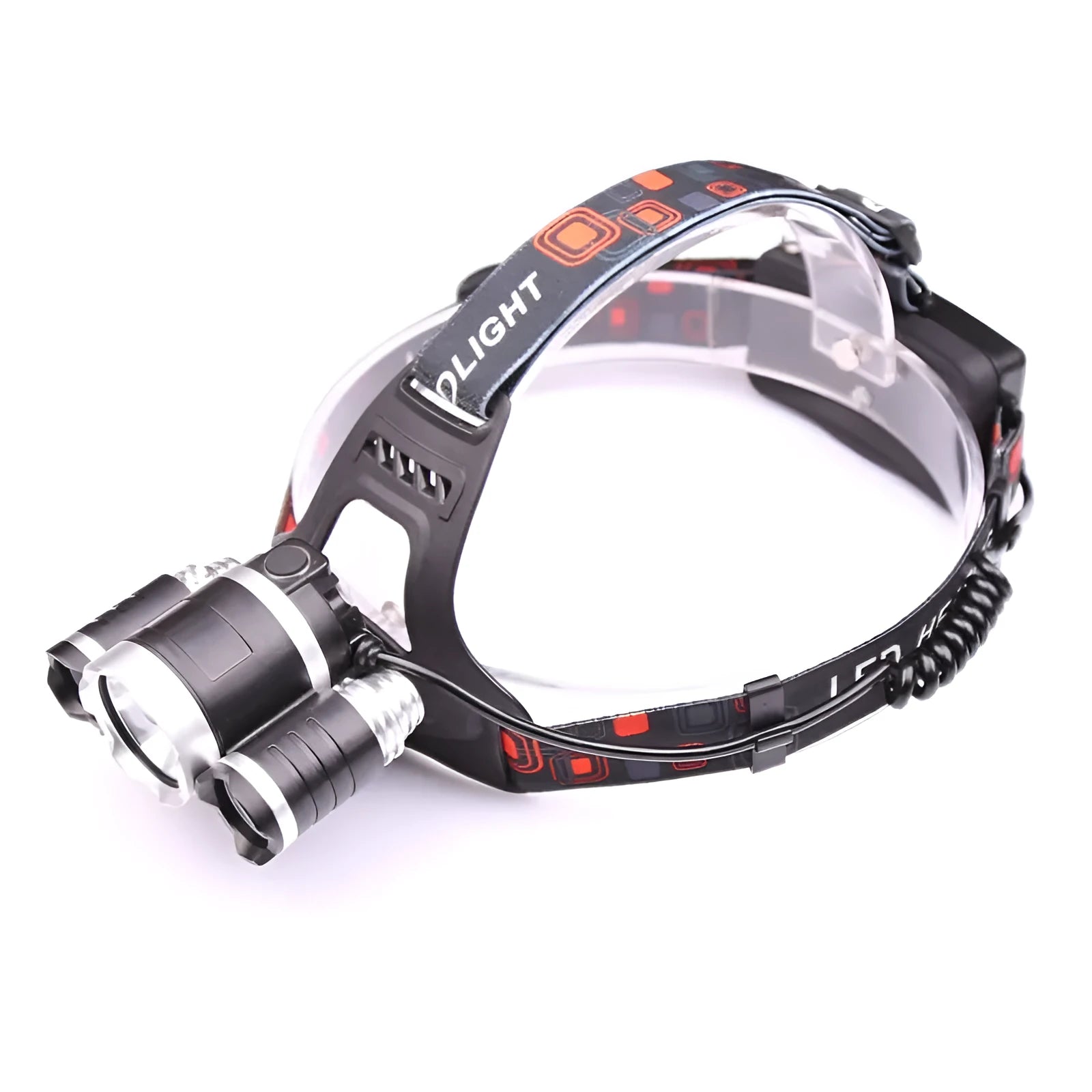 Aluminium alloy LED head torch with adjustable zoom focus and sensor switch option on headband.