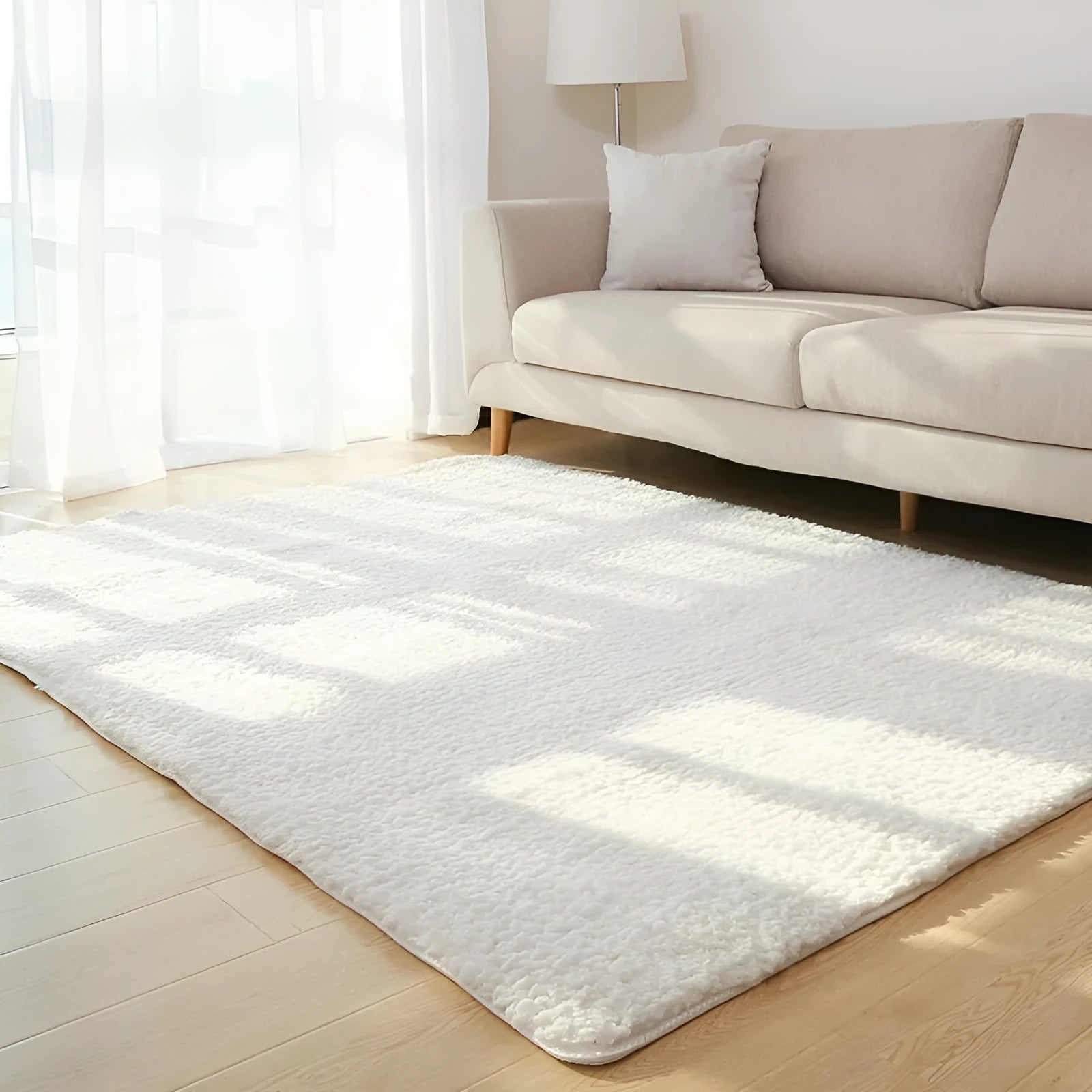 Rectangular solid colour carpet with velvet surface showing non-slip dot patterned bottom layer