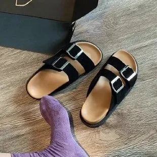 Women's belt buckle half slippers in microfiber with rubber sole, round toe, colour black