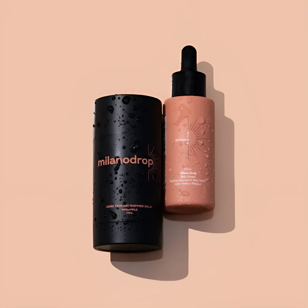 Matte sun tanning black liquid showing 50ml tanning drops bottle and 75ml tanning flash cream tube