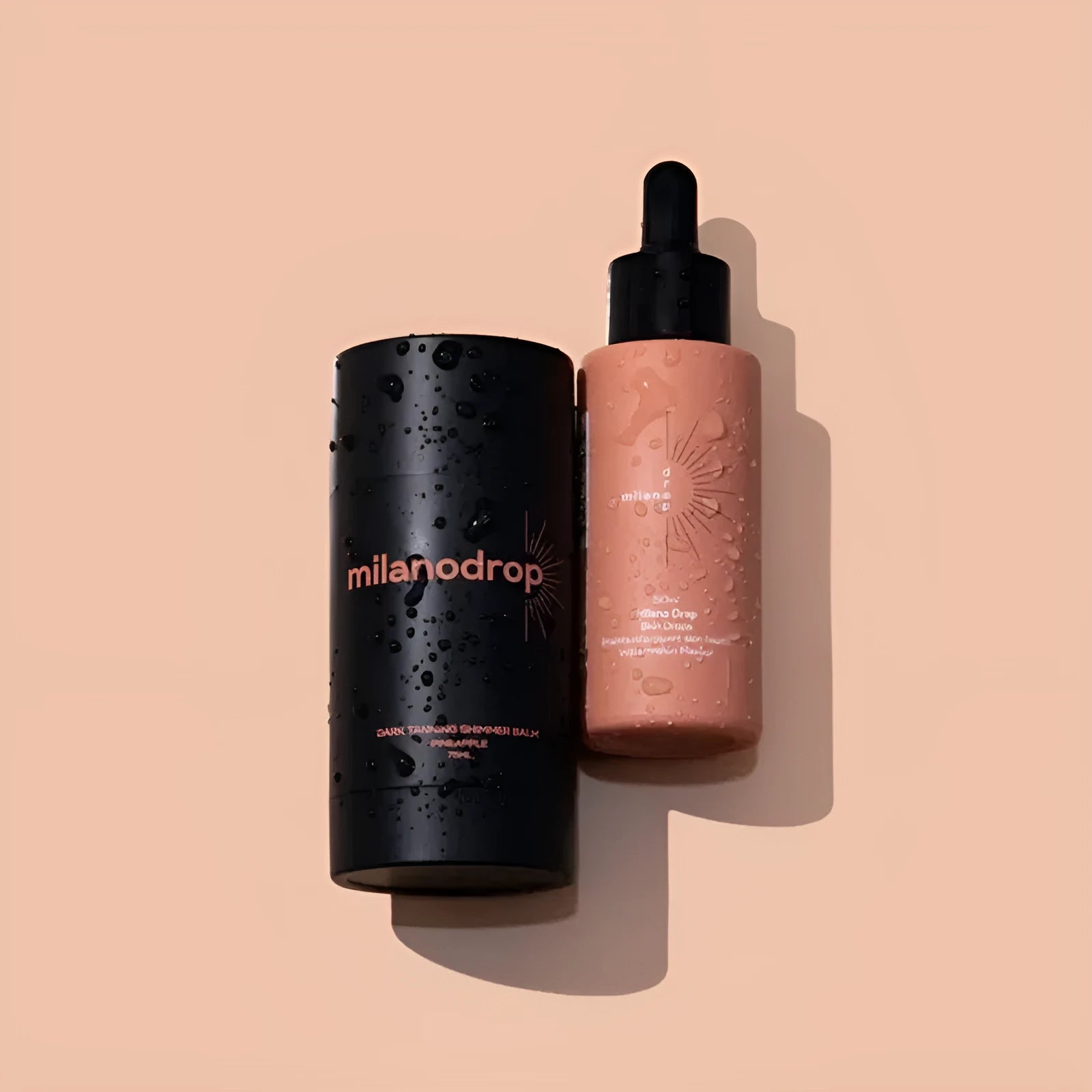 Matte sun tanning black liquid showing 50ml tanning drops bottle and 75ml tanning flash cream tube